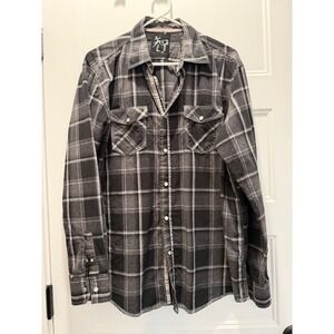 Age of Wisdom Men's Western Flannel Shirt Black Gray Plaid Pearl Snap Size L